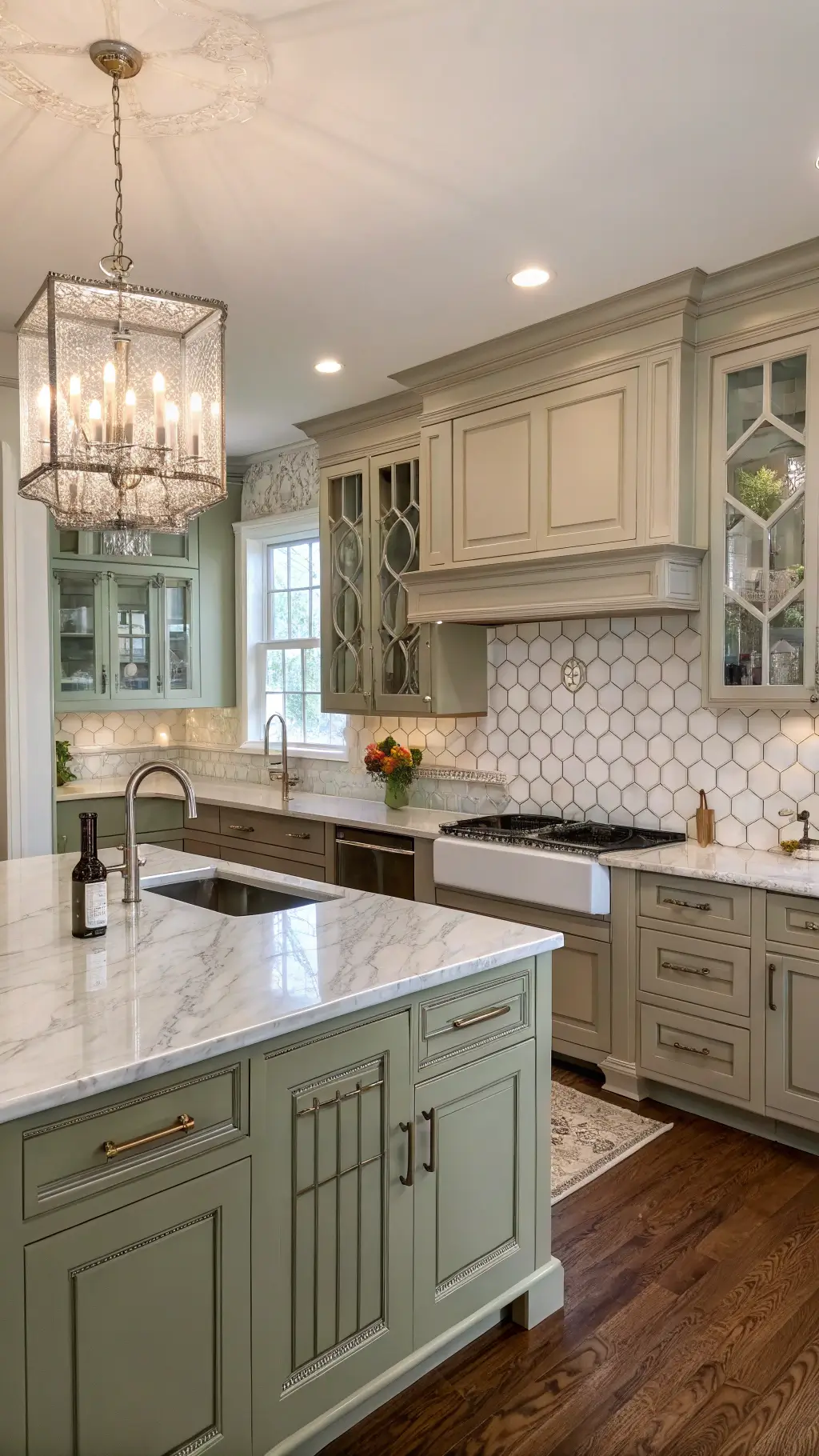 Styled sage green kitchen with brass hardware and natural wood accents