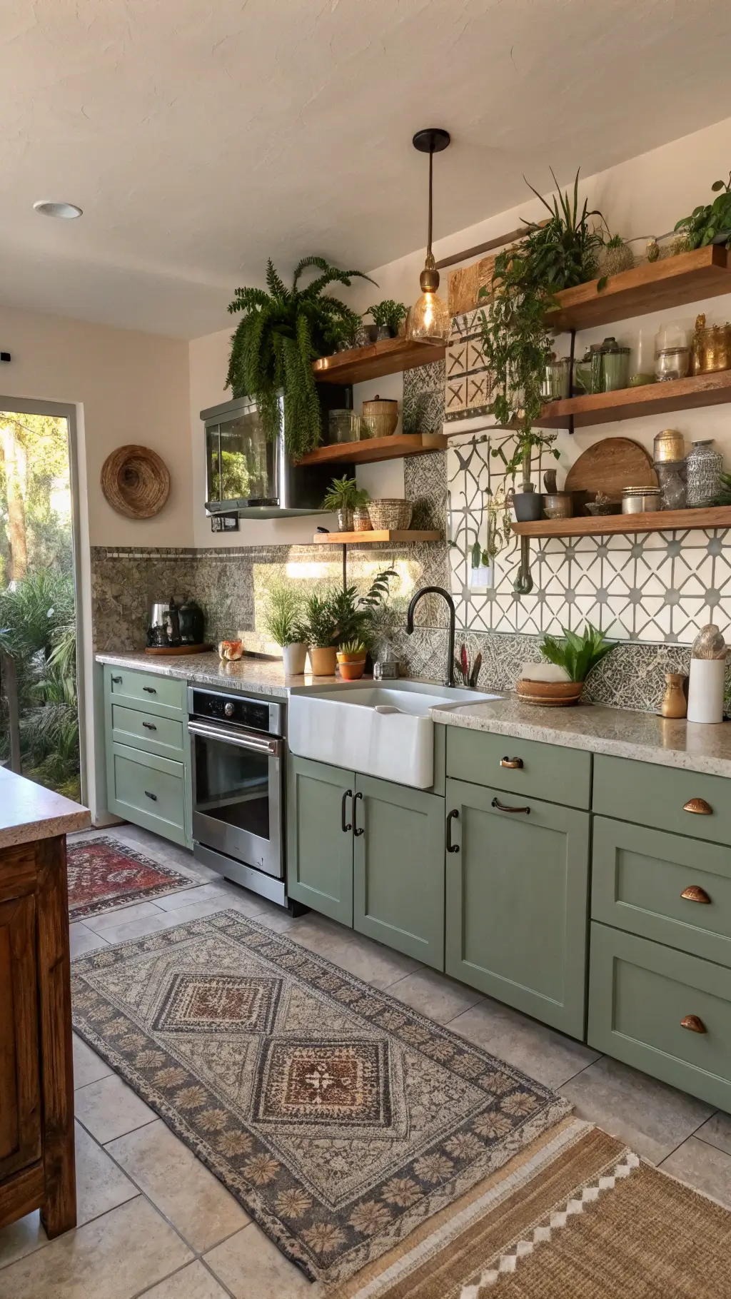 Person installing sage green kitchen cabinets