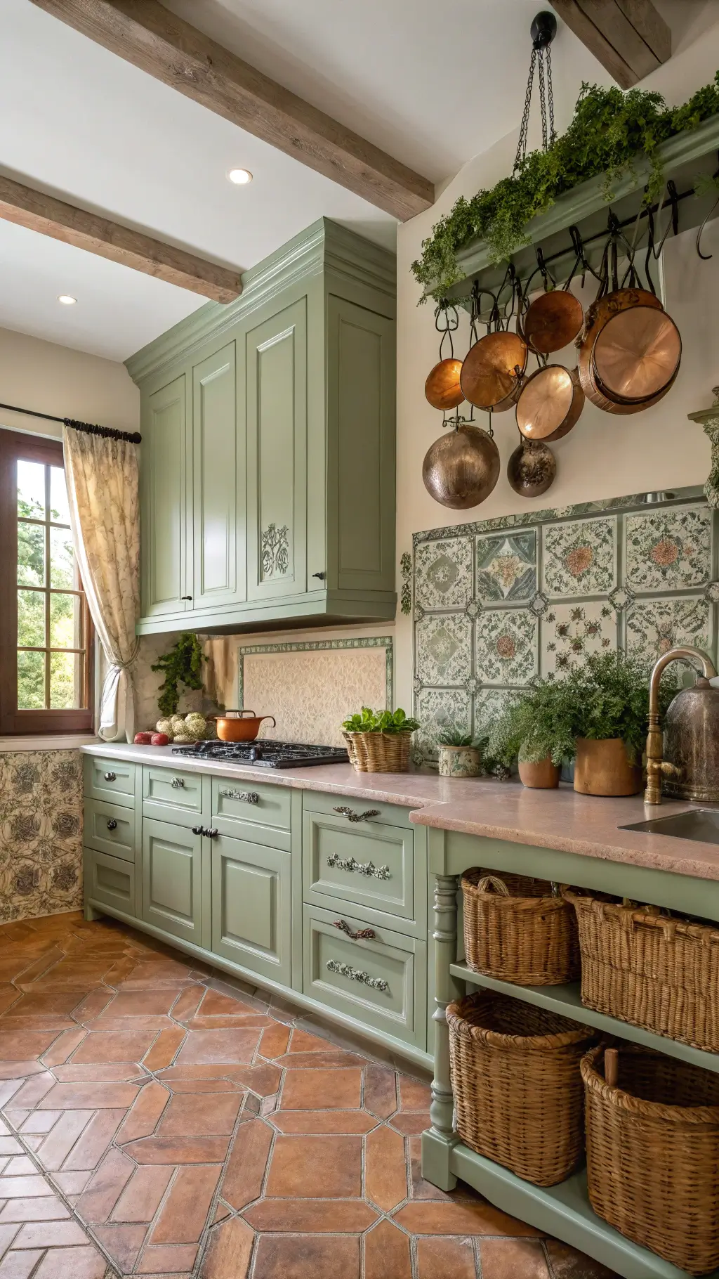 Elegant kitchen featuring sage green cabinets and natural decor