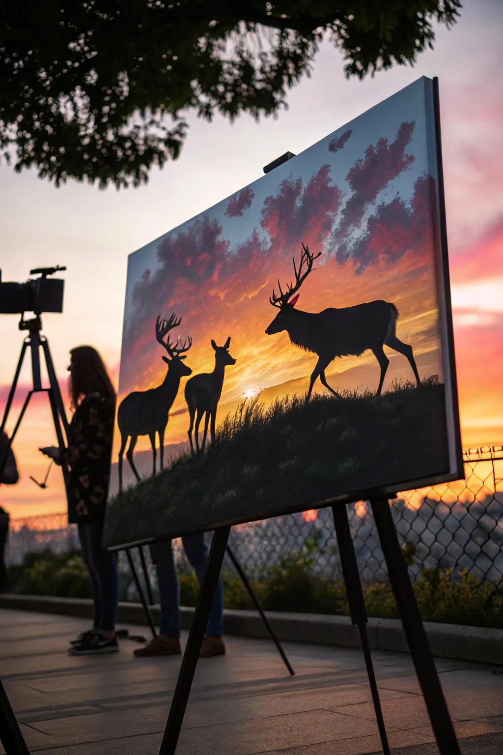 Silhouetted deer set against a glowing sunset.
