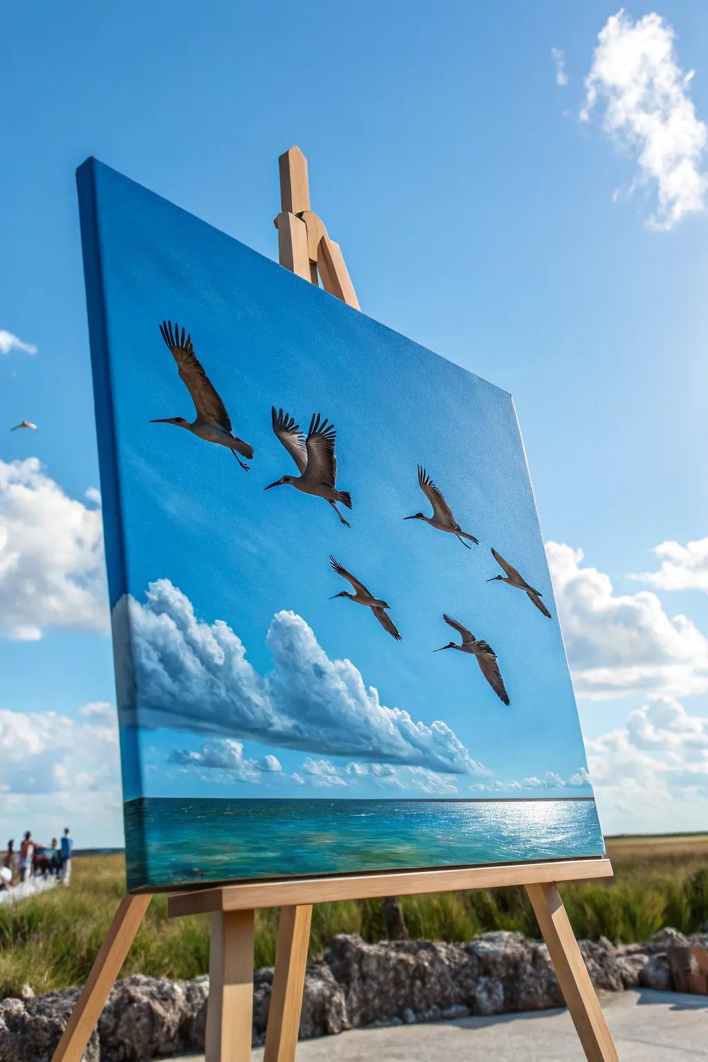 Birds captured mid-flight, symbolizing freedom.