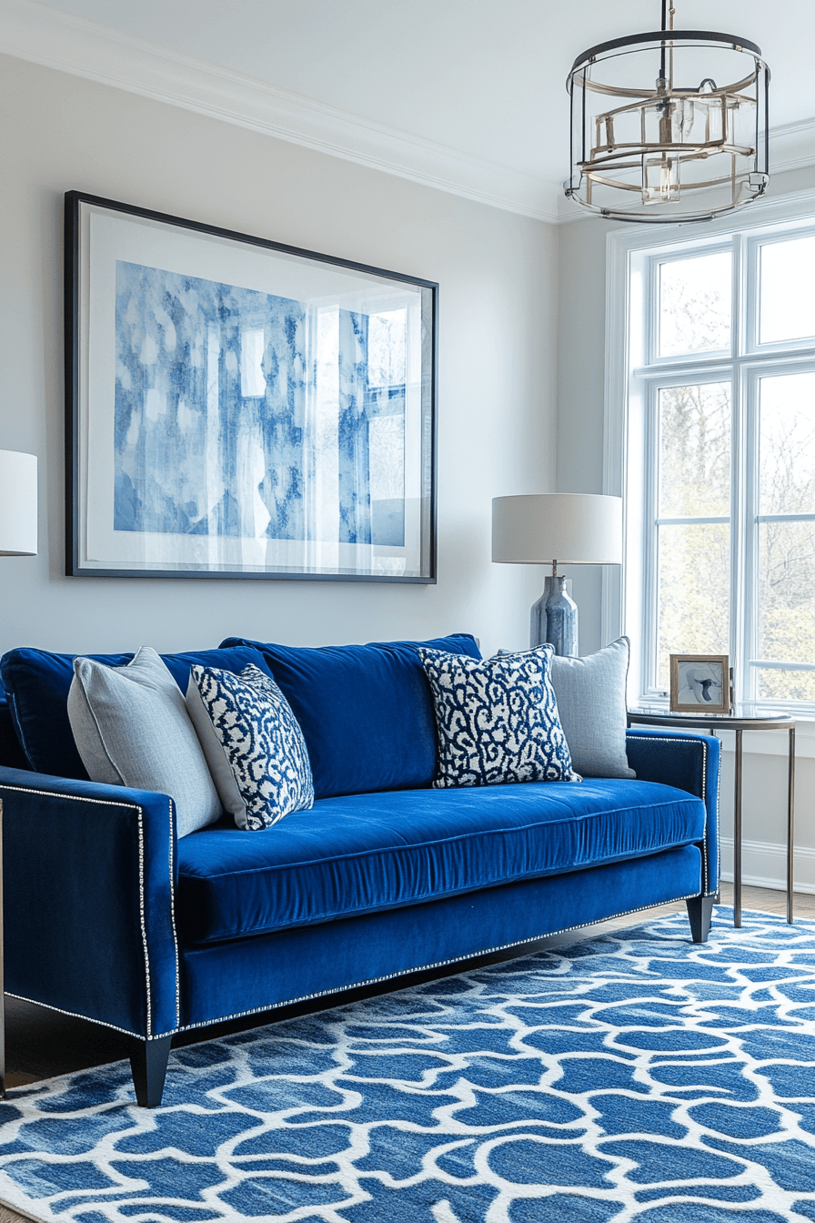 Contemporary living room with blue sofa and silver accents