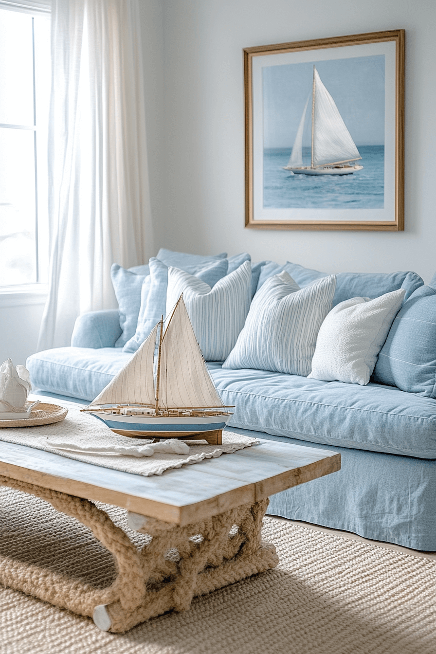 Coastal living room with blue sofa and nautical decor