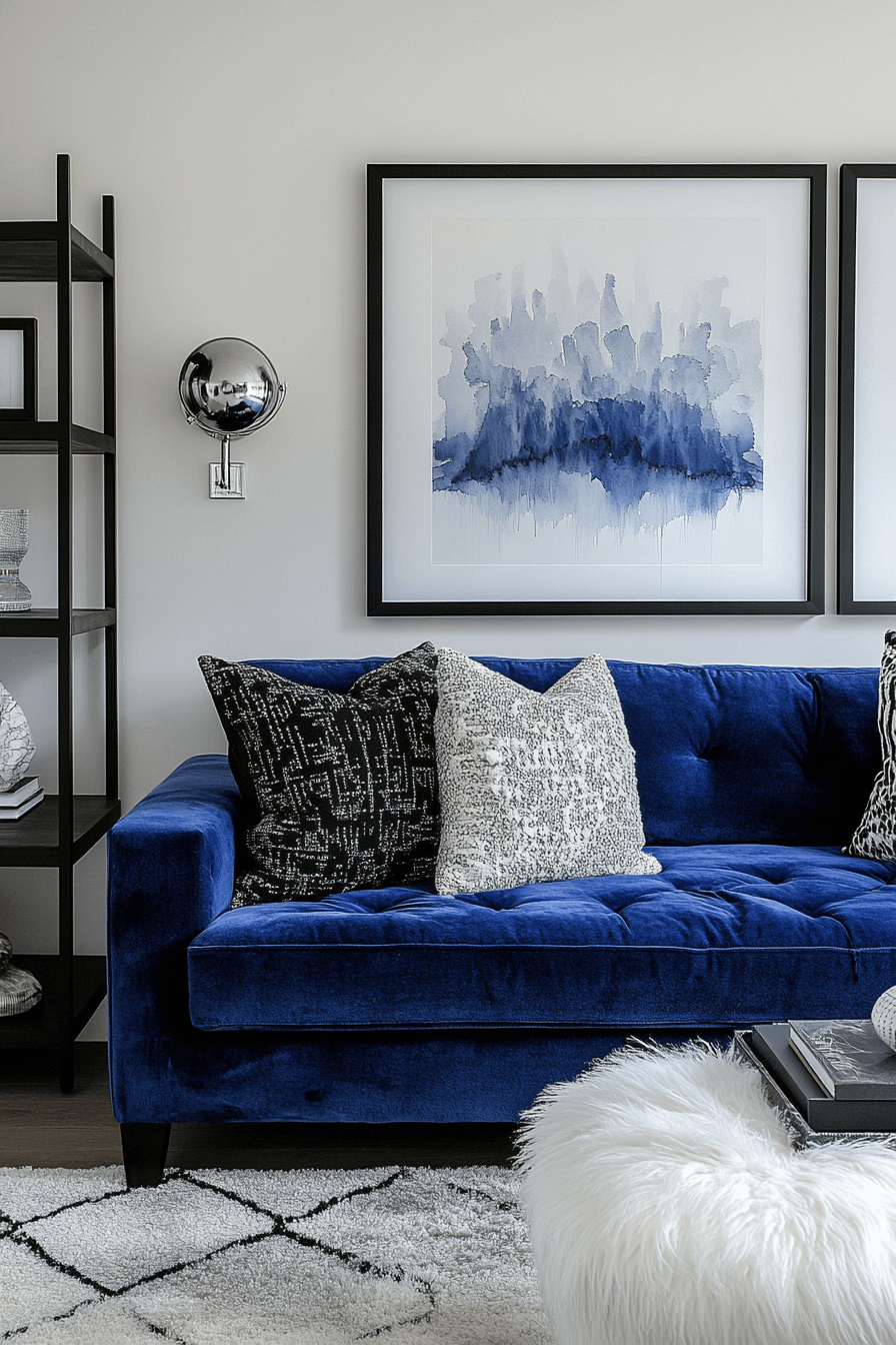 Monochrome living room with blue sofa and black-and-white decor