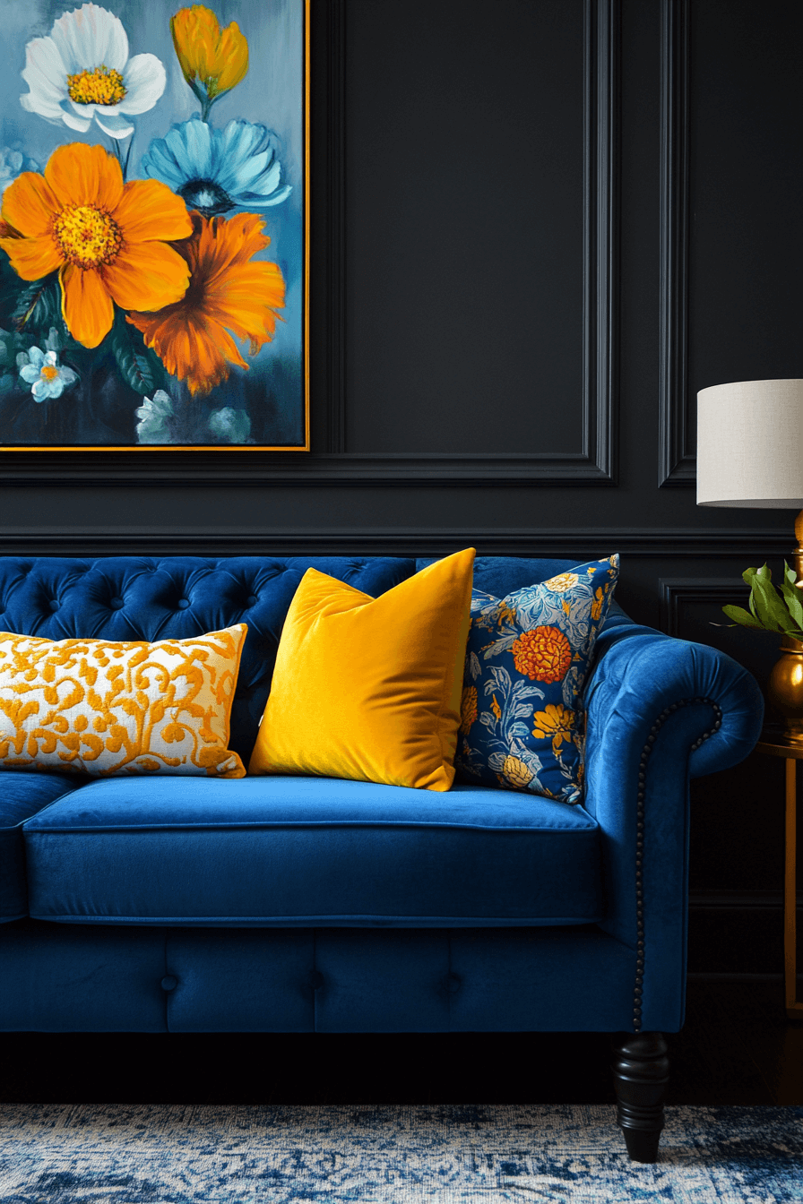 Bold blue sofa with dark walls and jewel-toned accents