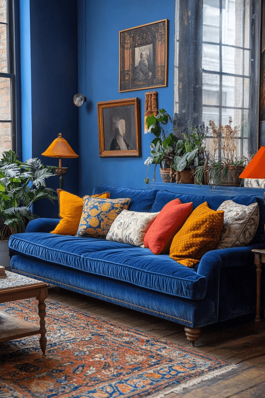 Eclectic living room with blue sofa and mixed patterns