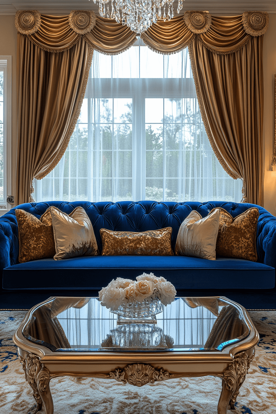Luxurious blue velvet sofa with gold accents
