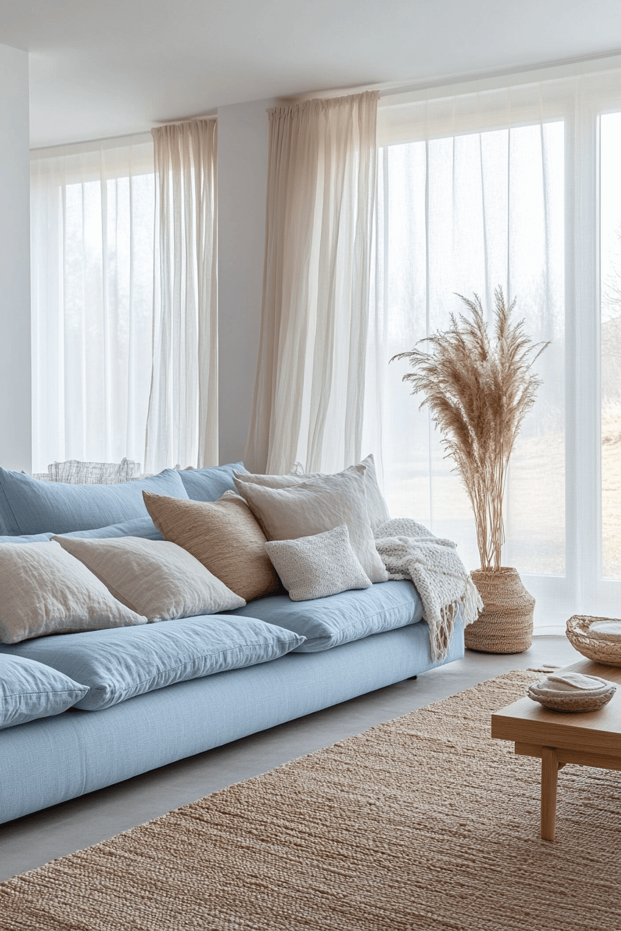 Bright living room with light blue sofa and natural light