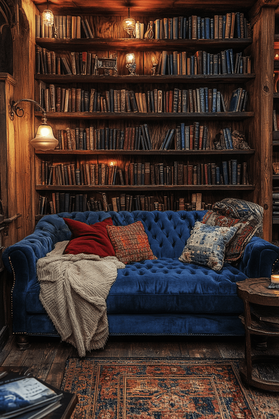 Cozy living room with deep blue sofa and warm accents