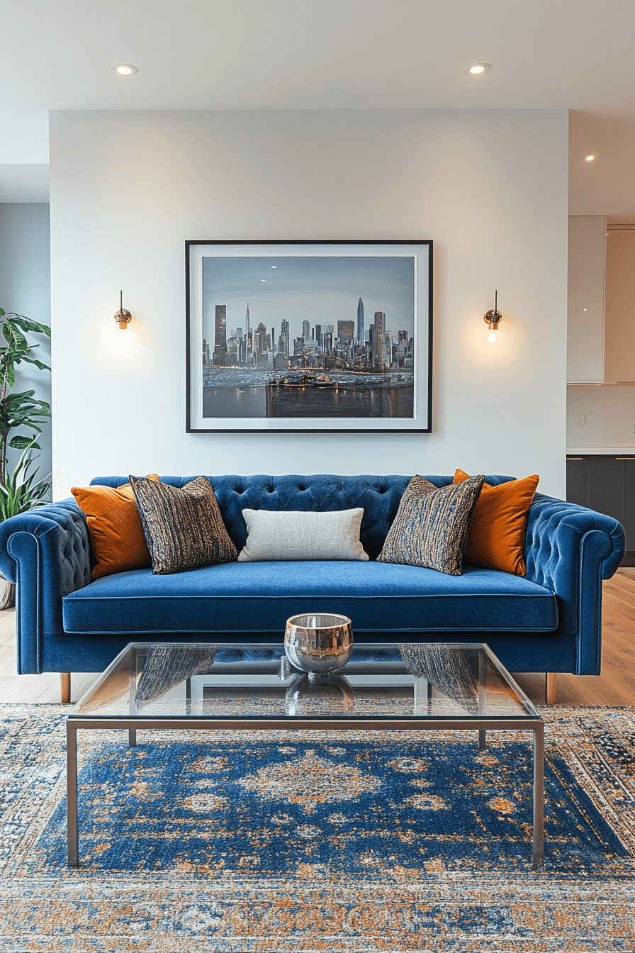Urban living room with blue sofa and industrial accents