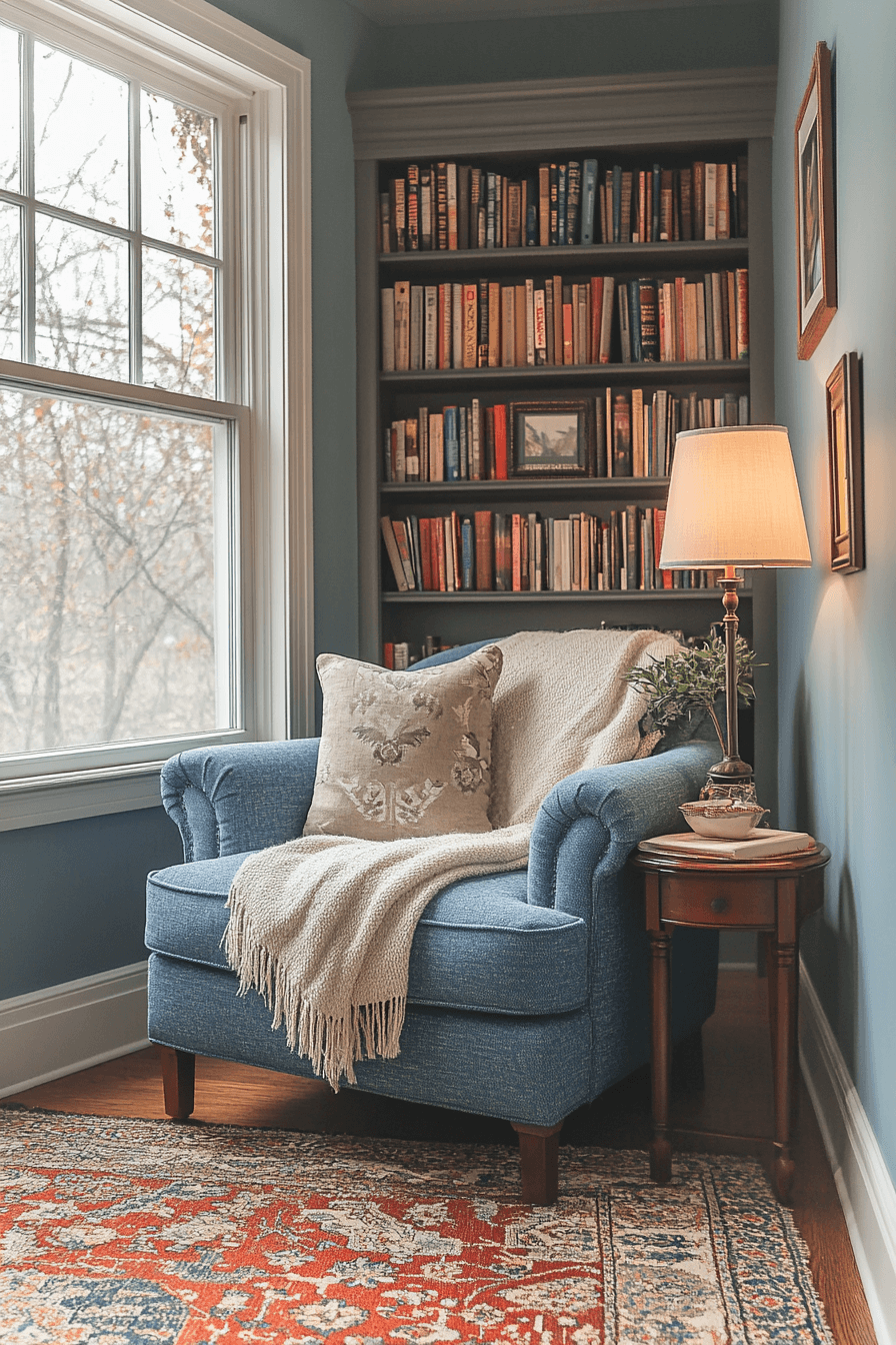 Small cozy nook with blue loveseat