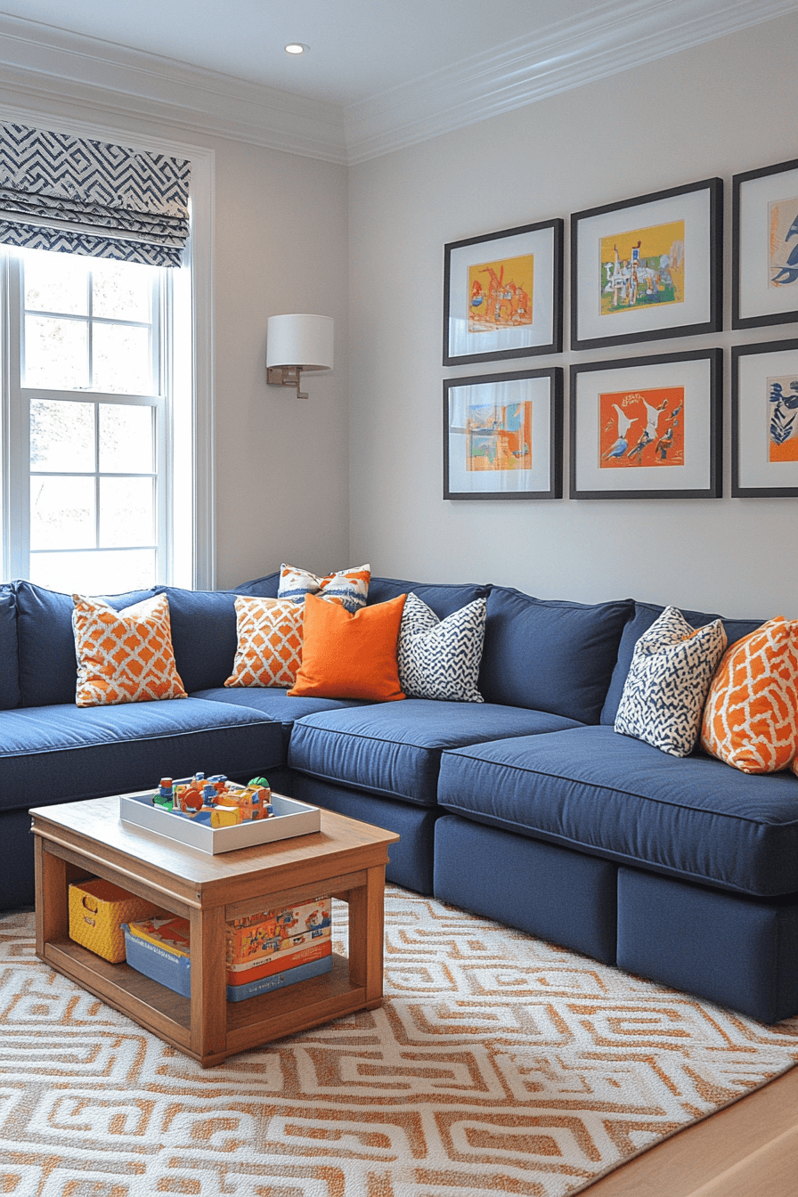 Family-friendly living room with navy blue sofa