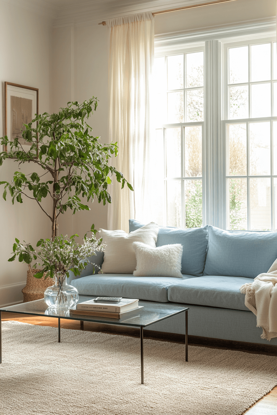 Serene living room with soft blue sofa