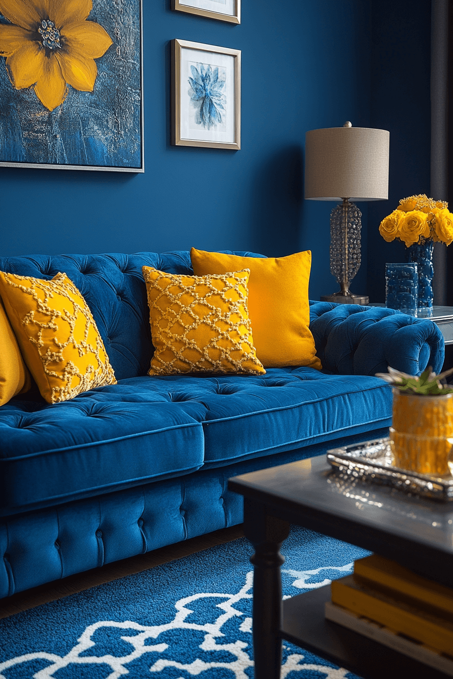 Blue sofa with yellow accent pillows