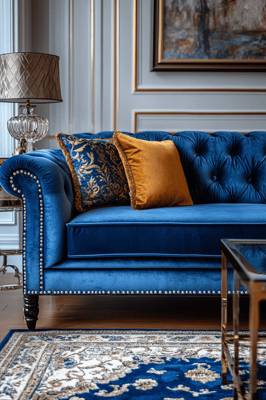 Art Deco style living room with blue sofa