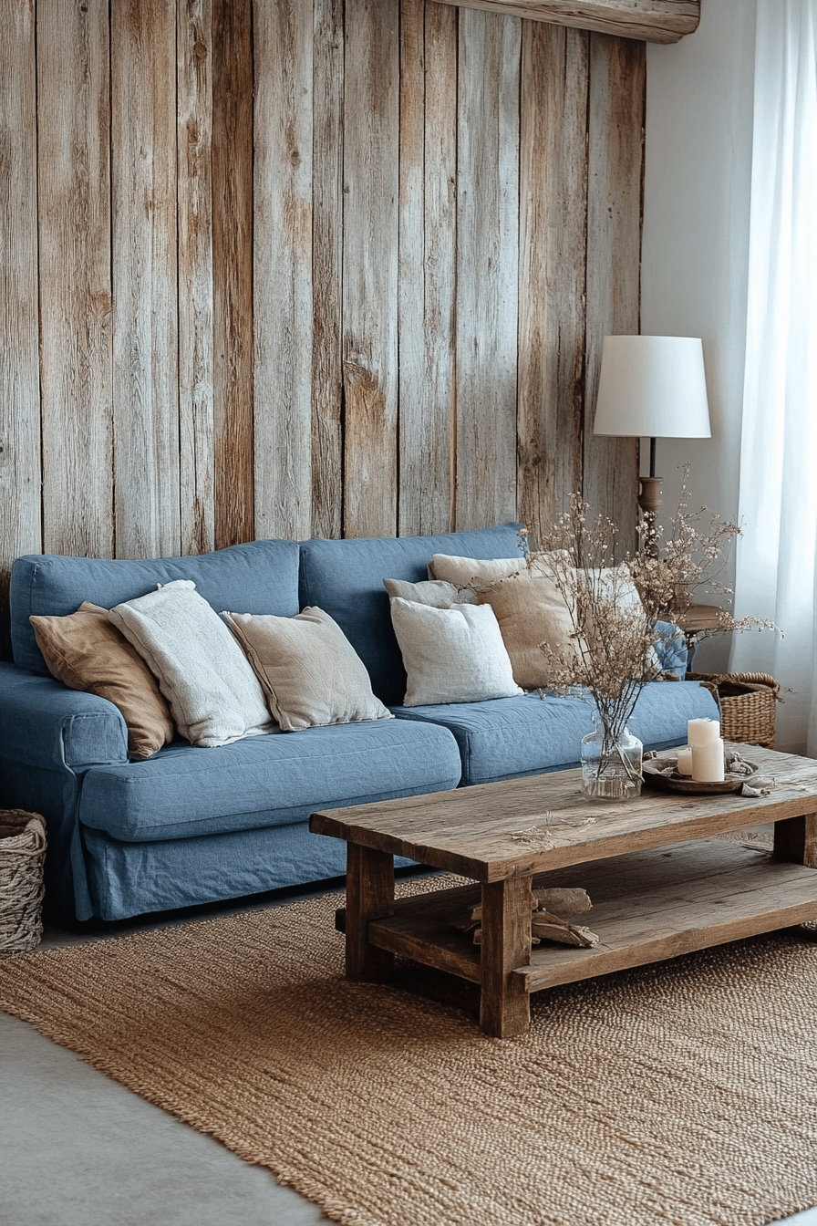 Rustic living room with blue sofa and natural textures
