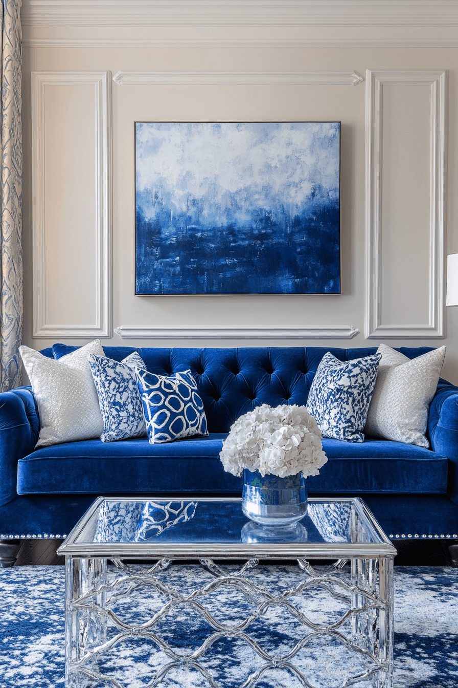 Glam living room with blue velvet sofa and crystal lighting