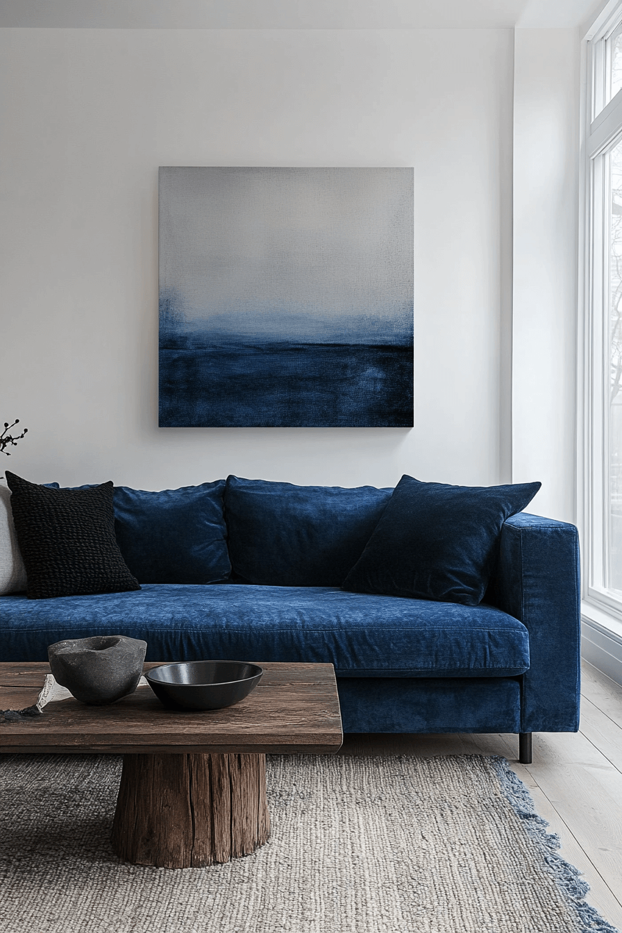 Minimalist living room with blue sofa
