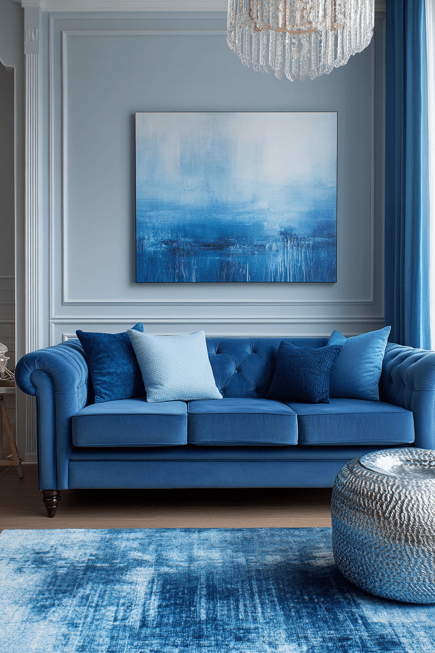 Living room with various shades of blue and blue sofa