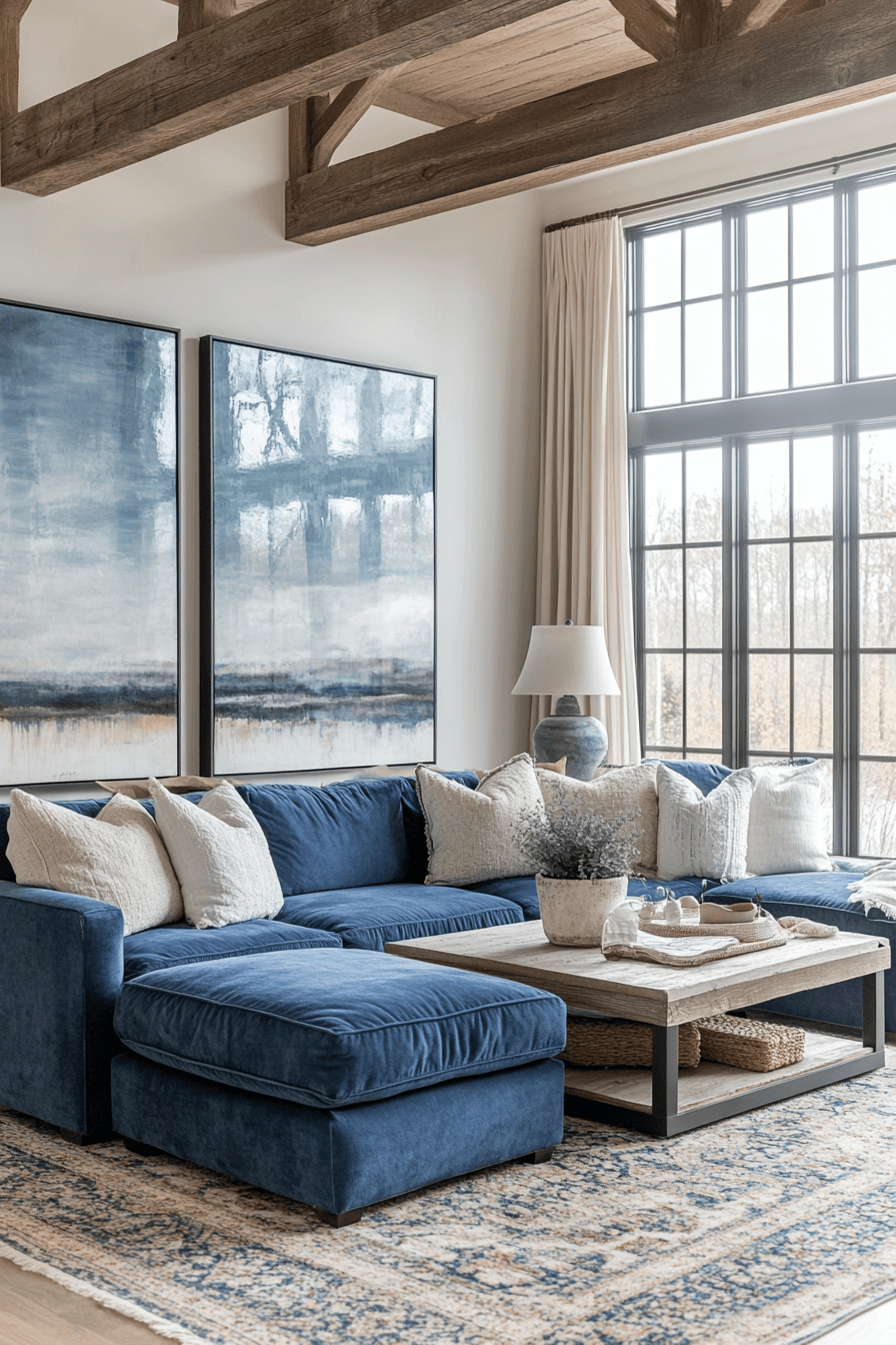 Large living room with oversized blue sofa