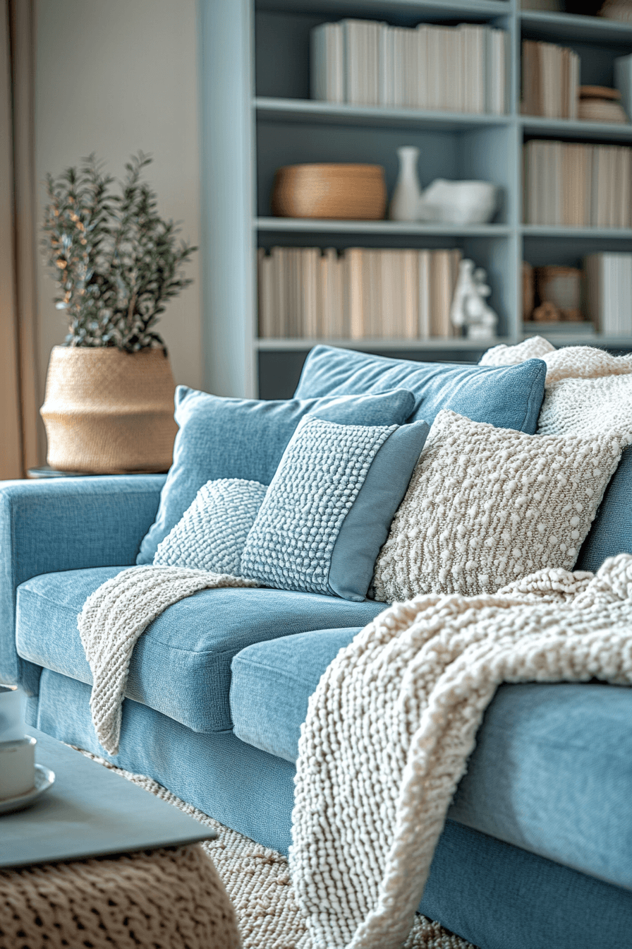 Calm living room with blue sofa and soft textures