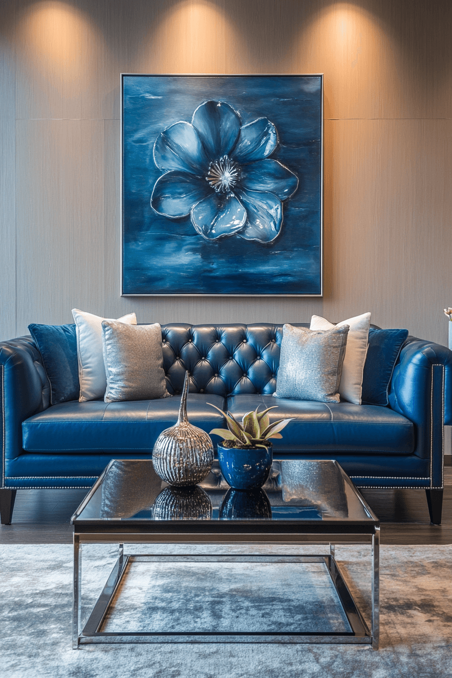 Sophisticated living room with blue leather sofa