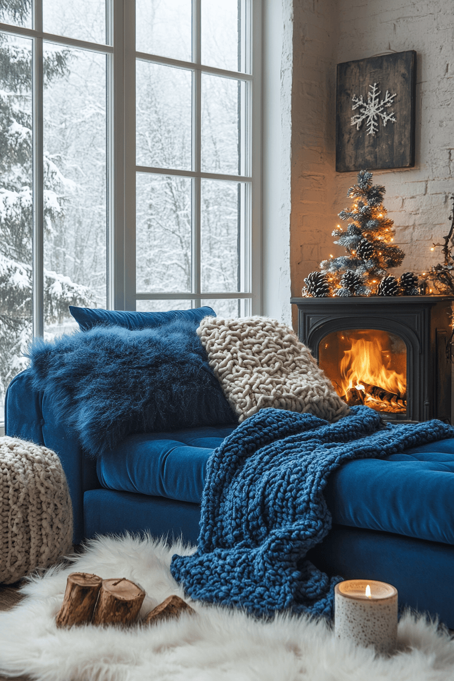 Warm winter living room with blue sofa and layered textiles