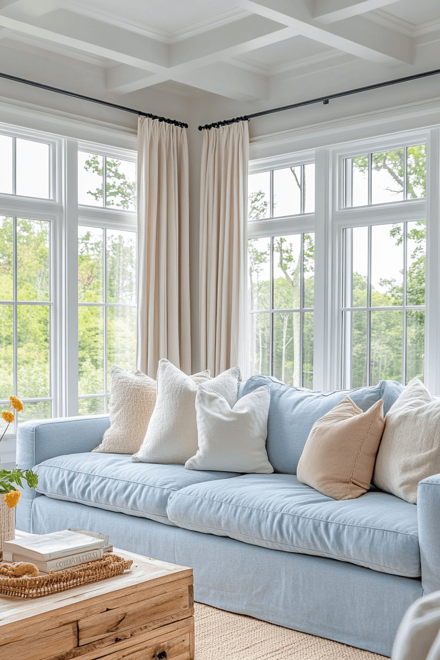 Bright summer living room with blue sofa and natural accents