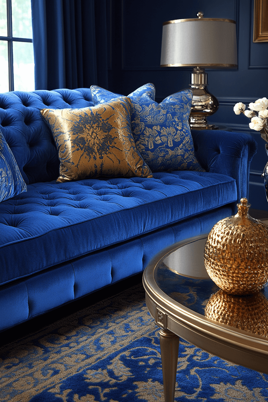 Elegant living room with blue sofa and metallic accents