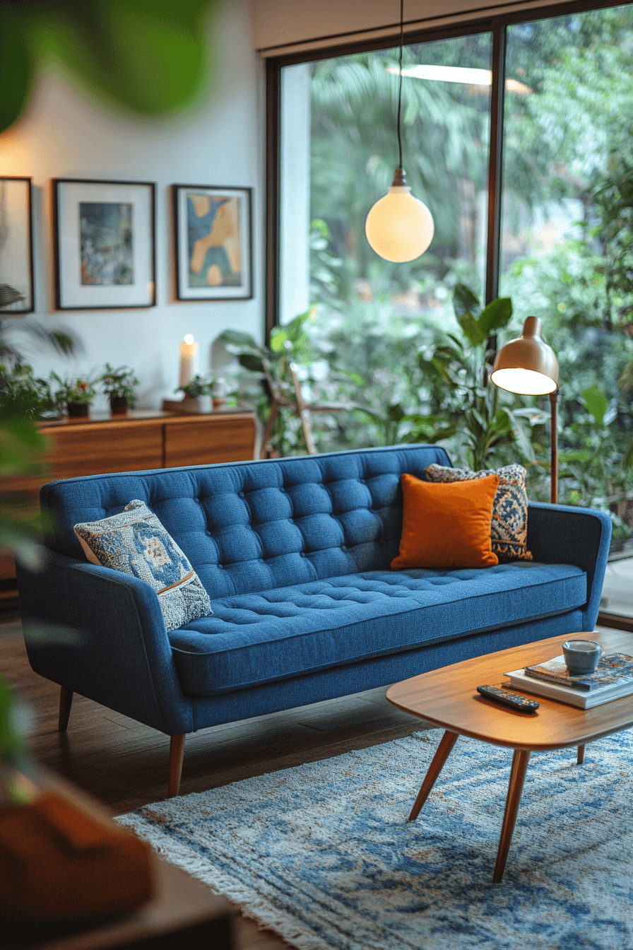 Mid-century modern living room with blue sofa