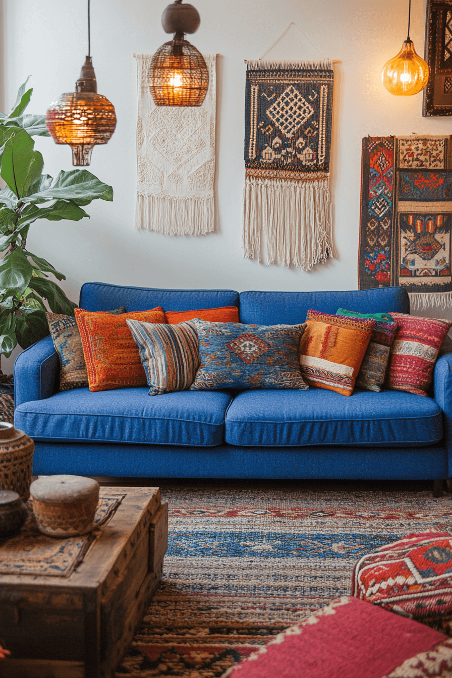 Bohemian living room with blue sofa and eclectic decor