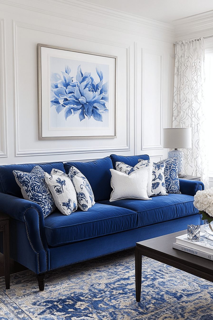 Classic living room with blue sofa and contemporary accents