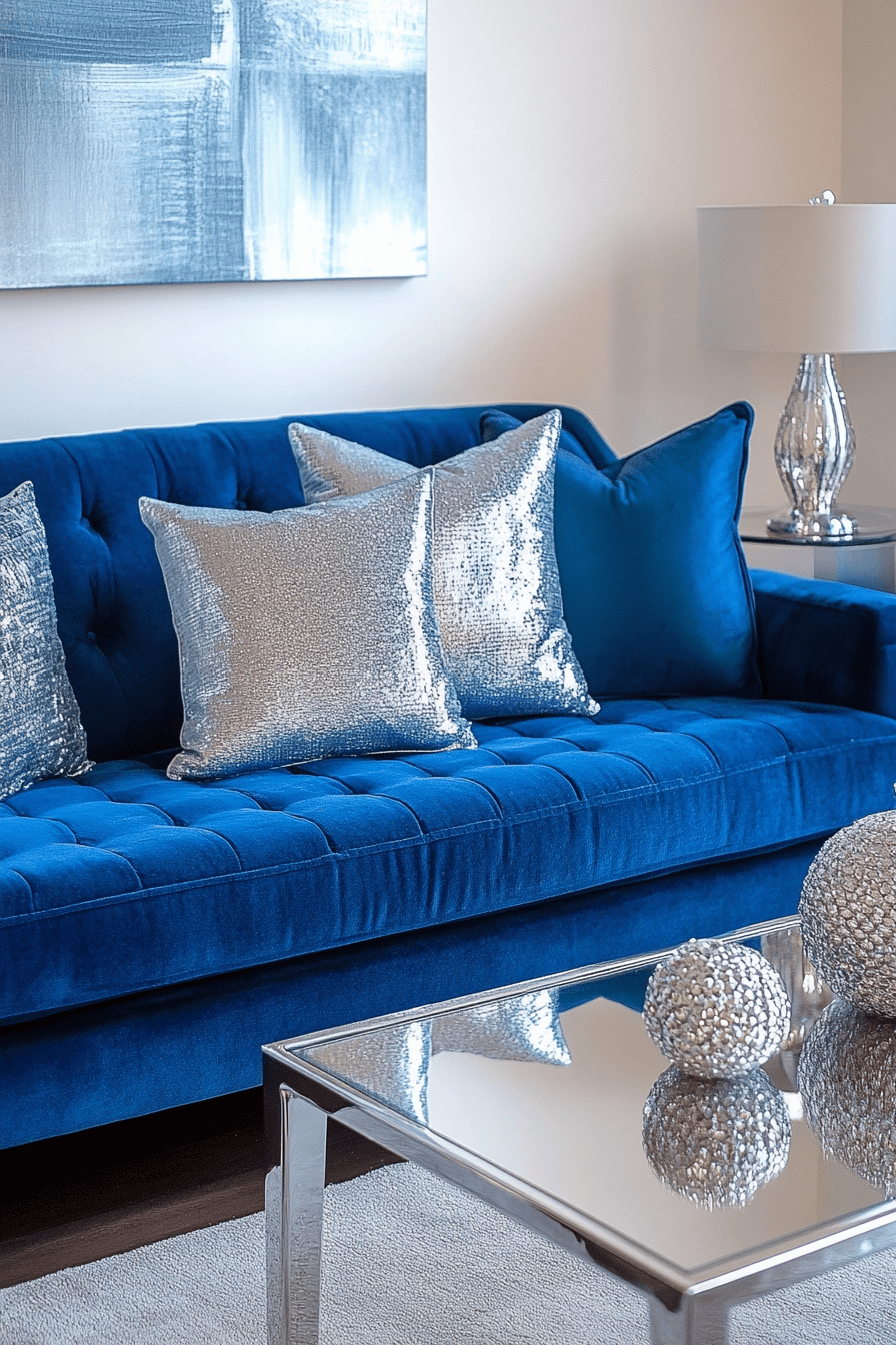 Modern living room with blue sofa and silver accents