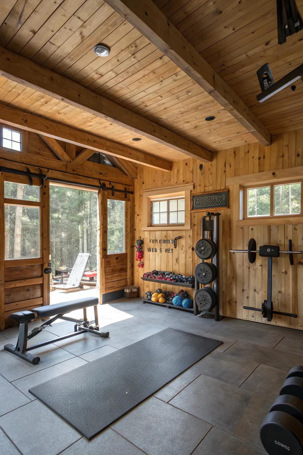 Wood tones create a cozy, natural gym environment.