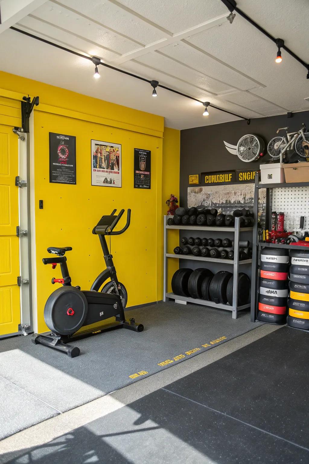 Yellow accents brighten and uplift your gym space.