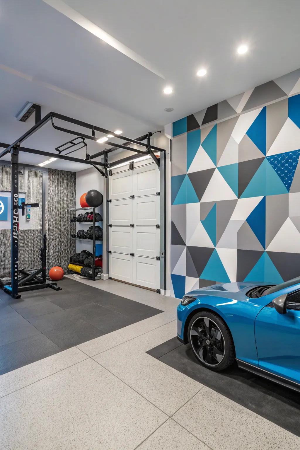 Geometric patterns create a contemporary, artistic gym vibe.