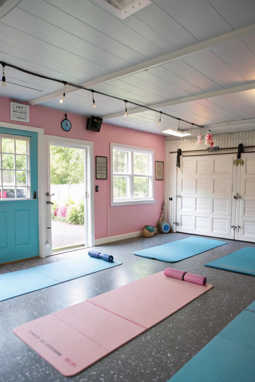 Pastel colors create a peaceful space for yoga and meditation.