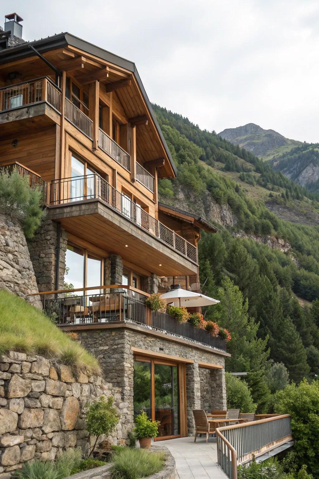 Multi-tiered home design adapting to hillside terrain.