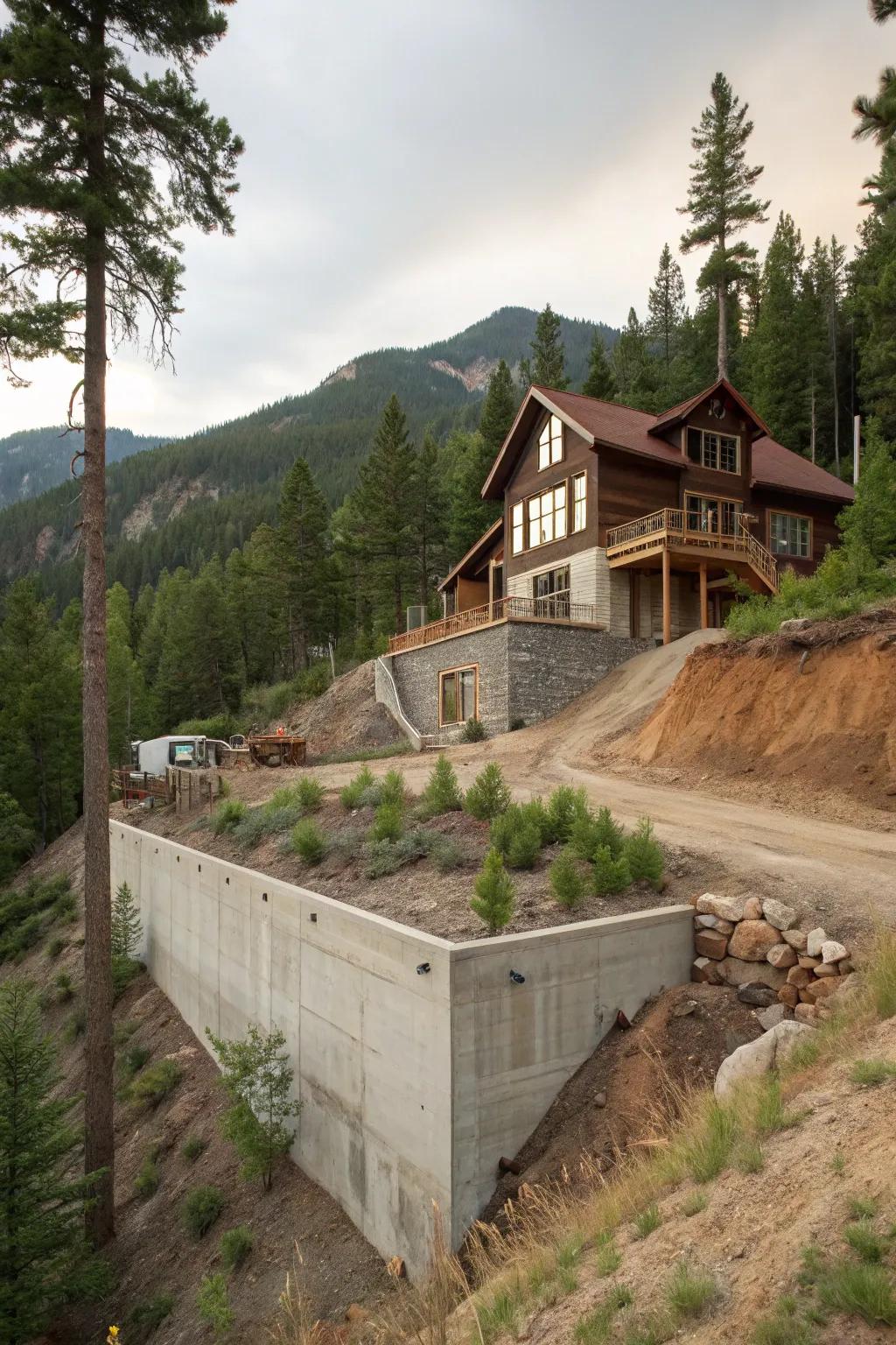 Basement foundation tailored to mountainous terrain.