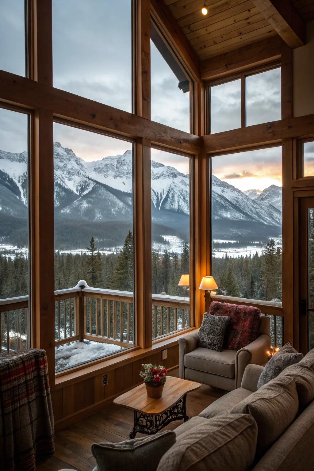 Floor-to-ceiling windows showcasing panoramic mountain vistas.