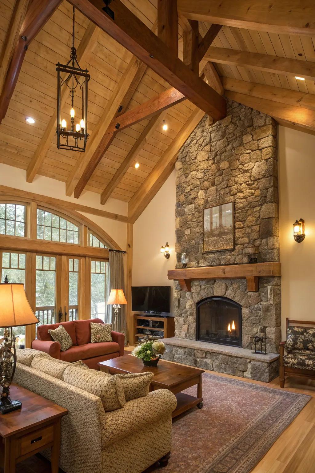 Rustic elegance created by exposed wooden beams.