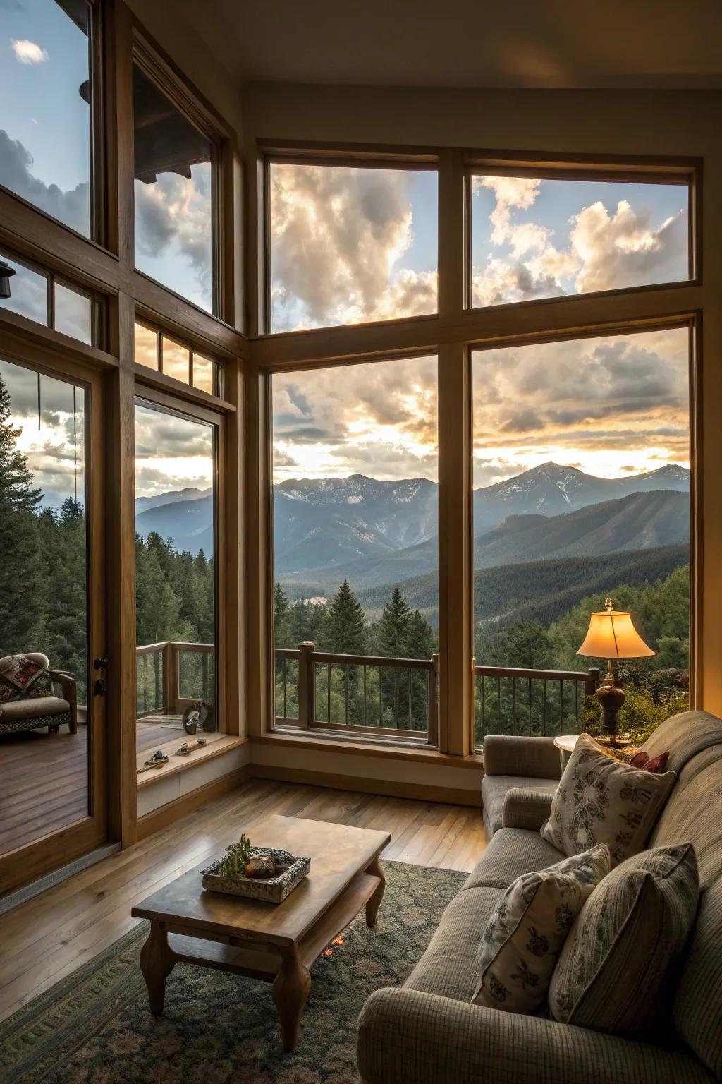 Large rear windows capturing expansive mountain vistas.