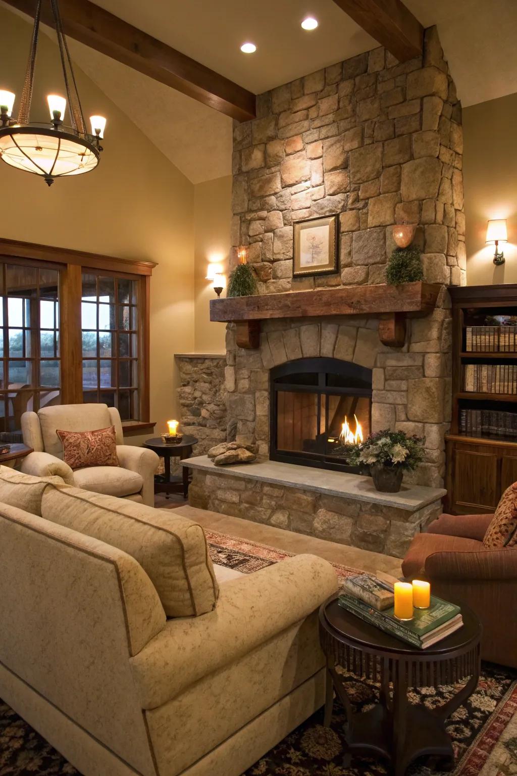 Inviting fireplace as the centerpiece of a mountain home.