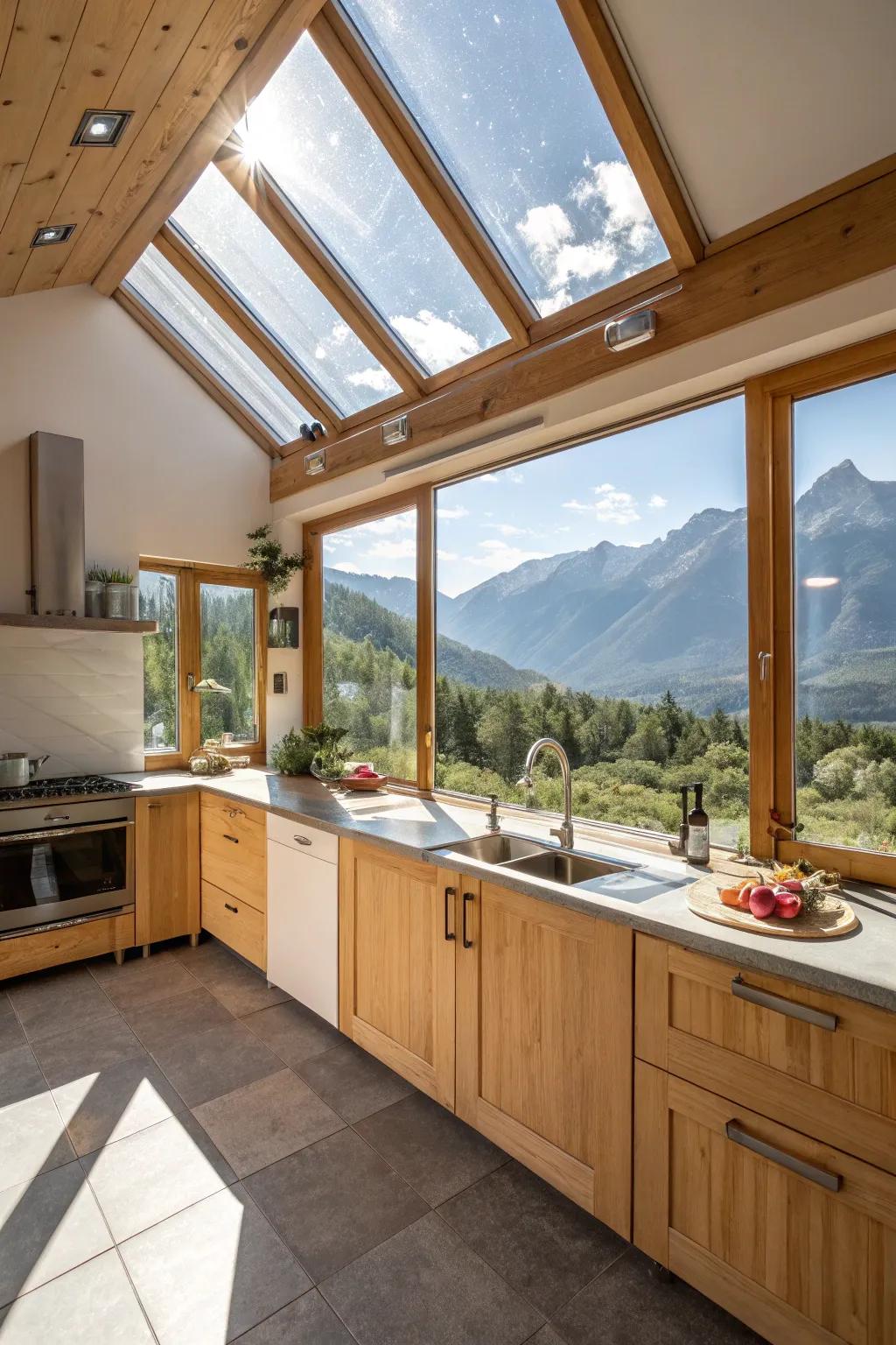 Natural sunlight brightening mountain home interiors.