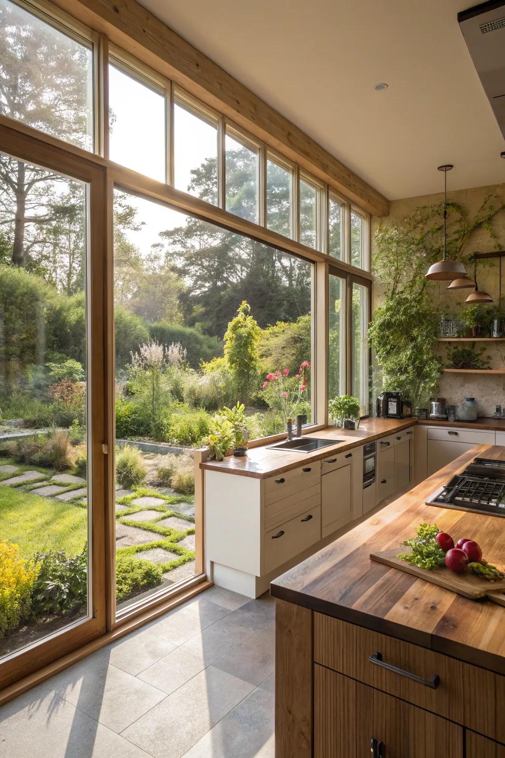 Sunlight streaming through large kitchen windows.