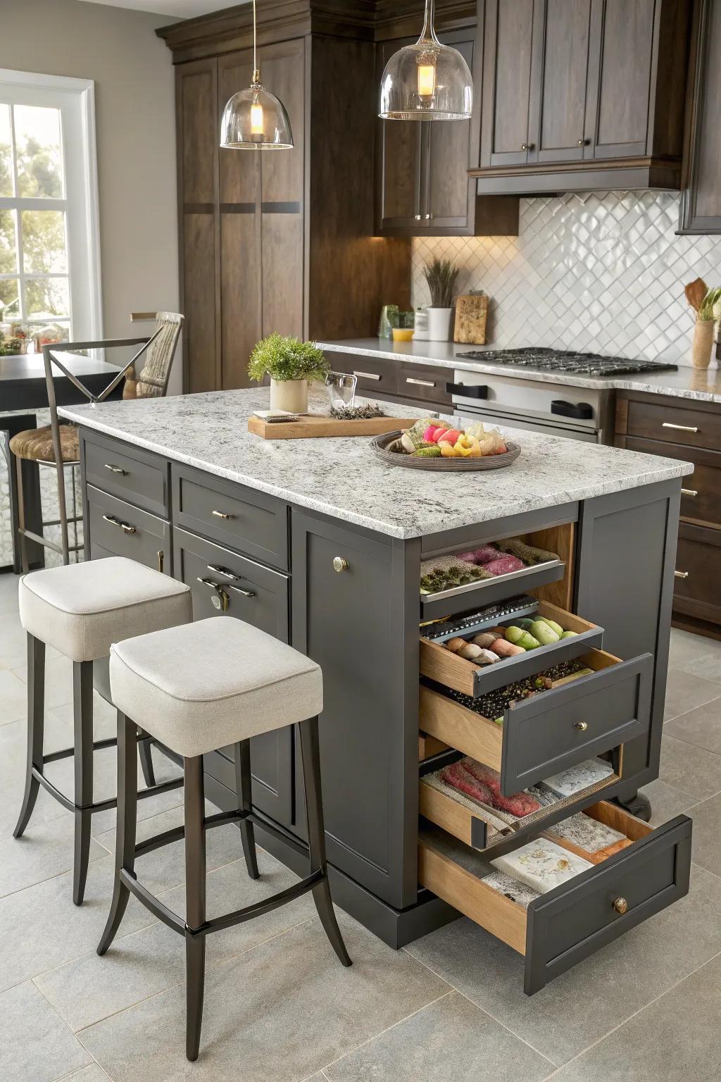 A multi-use kitchen island combining prep, dining, and storage.
