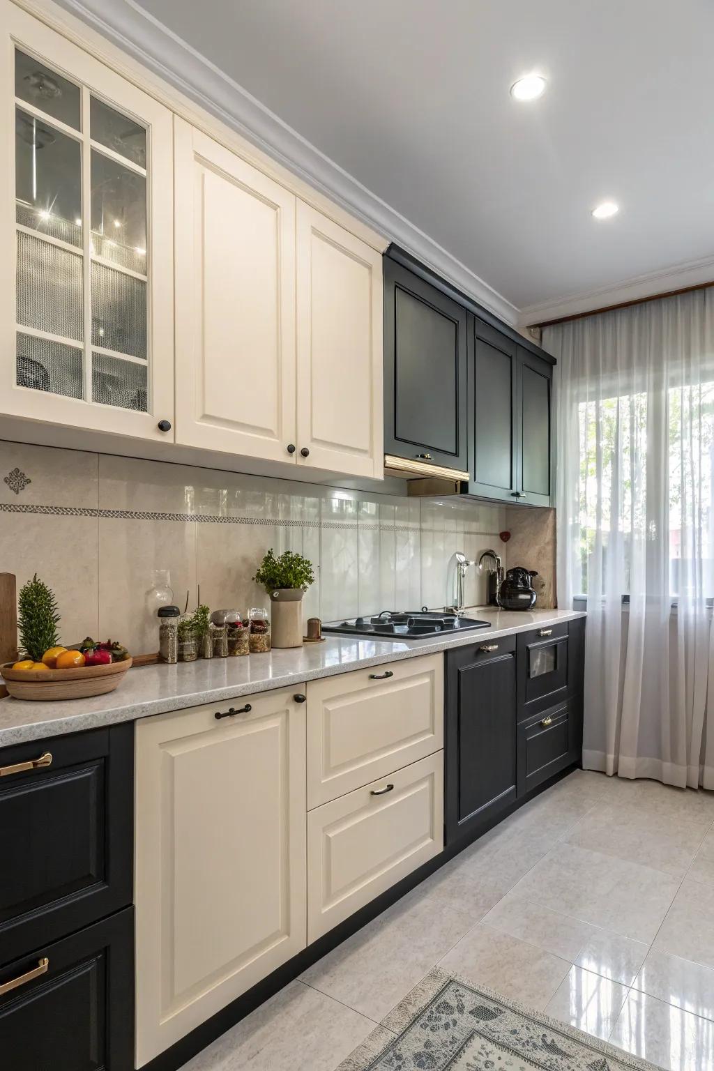 Two-tone cabinets create a dynamic kitchen aesthetic.