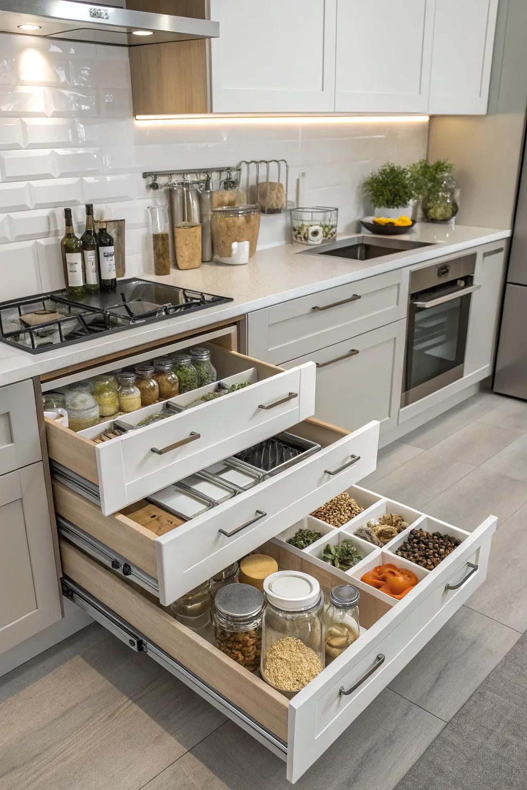 Innovative storage solutions maintain kitchen order.