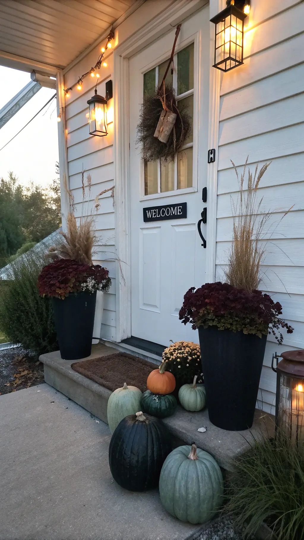 Front door decorated with fall-themed wreath and pumpkins