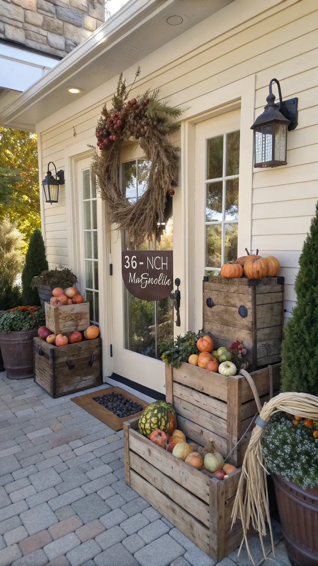 Close-up of fall door decor with textured ribbons and natural elements